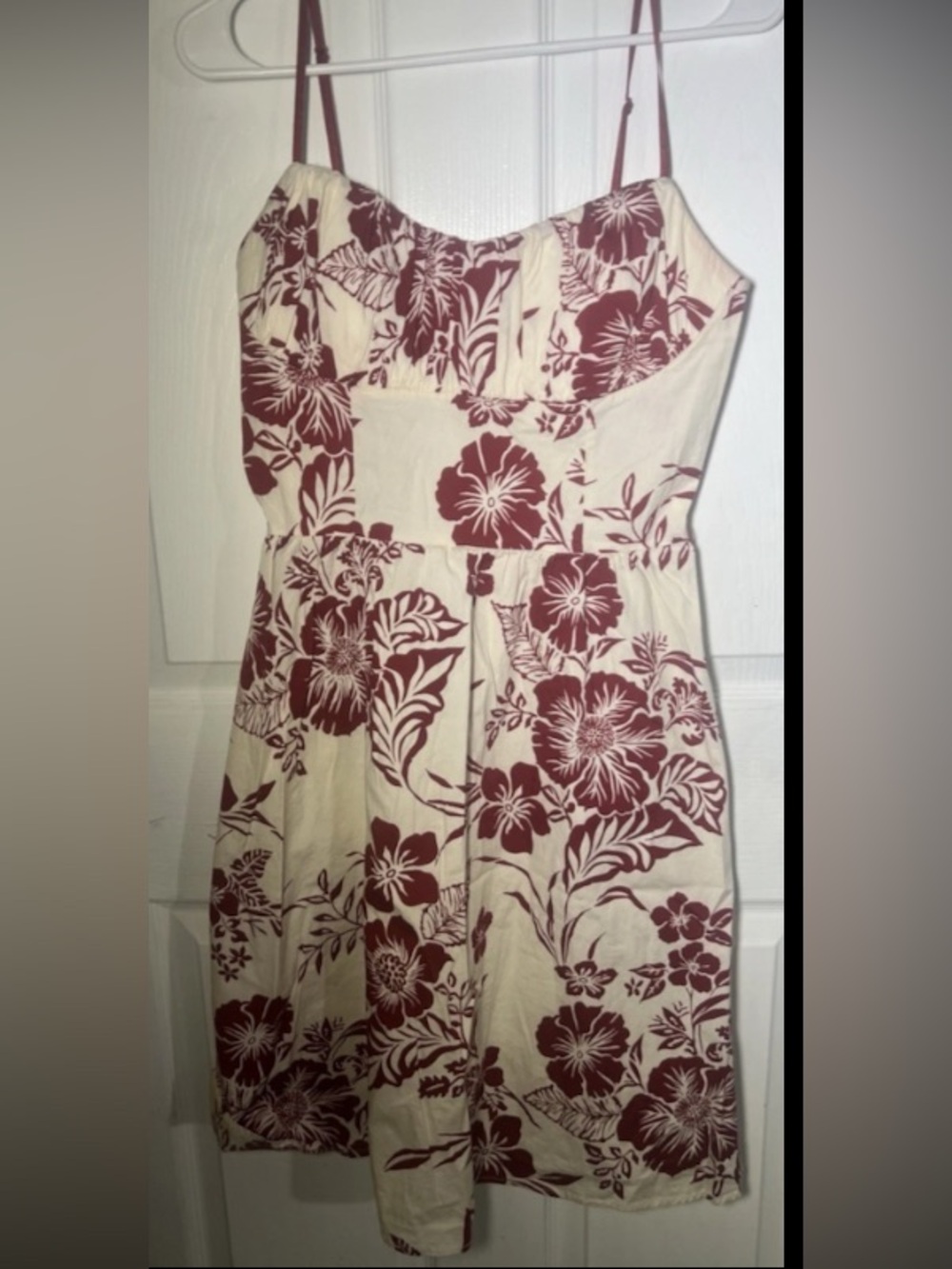 Ruby Rox Cream with Burgundy Floral Hibiscus Print Dress Spaghetti Strap 11